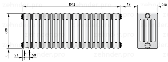 Схема (чертеж) Радиатор Zehnder Charleston 6060/22 №3370 Белый глянцевый RAL 9016